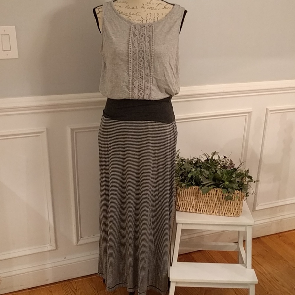 Skirt, maxi, gray stripe, roll down waist